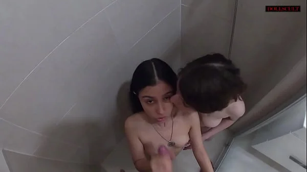 Threesome sex and creampie in the shower with stepsister and girlfriend - DOLLSCULT