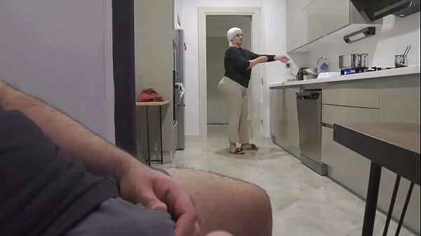 Risky jerk off while watching big ass stepmom in the kitchen.