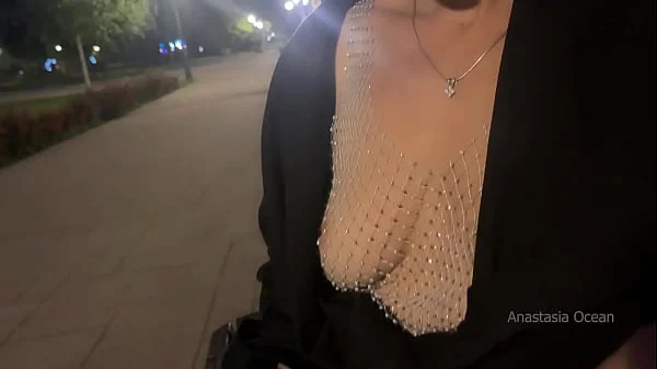 Street pick up of shameless slut. Stranger knead her boobs right in public park.