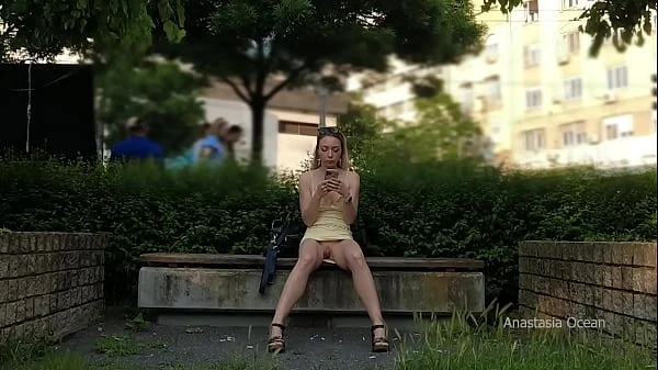 Flashing pussy to strangers outdoor. Upskirt in public.