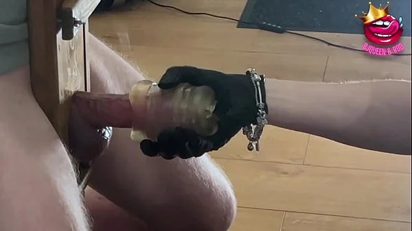 Close up femdom edges cock to ruined orgasm in a glass