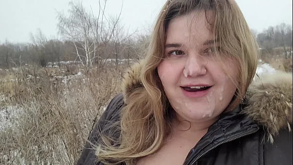 Huge facial of a cute BBW blonde with big breasts in inclement weather