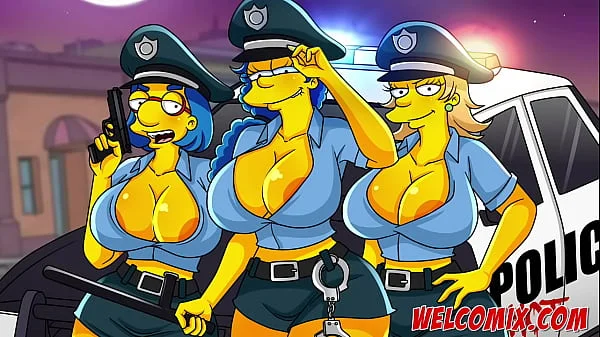 Three guys fucking hot and busty police officers! Police costume! The Simptoons, simpsons porn