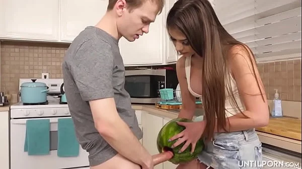 My stepsister catches me fucking a watermelon and then she wants to give me a blowjob