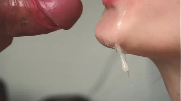 Slow motion. Close up blowjob from teen. Oral creampie