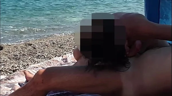 French Milf Amateur Fucks on Nude Beach public to stranger with Cumshot - MissCreamy