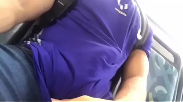 Muscle guy with big dick on bus