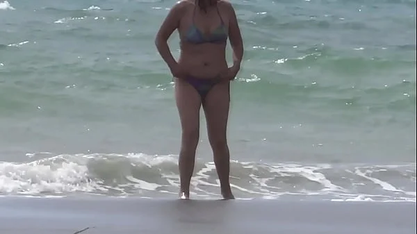 Mother agrees for the first time to have sex with her stepson on the beach, big cumshot on her hairy pussy