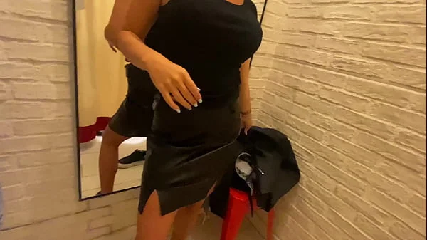 Trying leather clothes in Changing room and he Cum on my Big Boobs - Cock2squirt