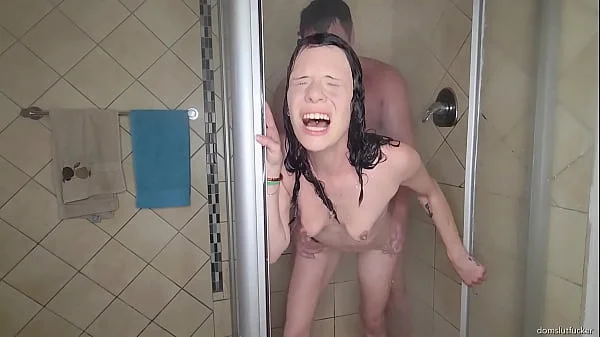 Fucking a petite MILF in the shower, cum in pussy